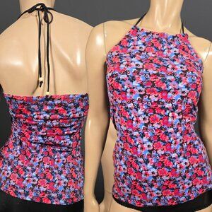 Y2K Dark Floral Halter Top Size XS Blue Red Black Cotton 2000s Rosie Couture